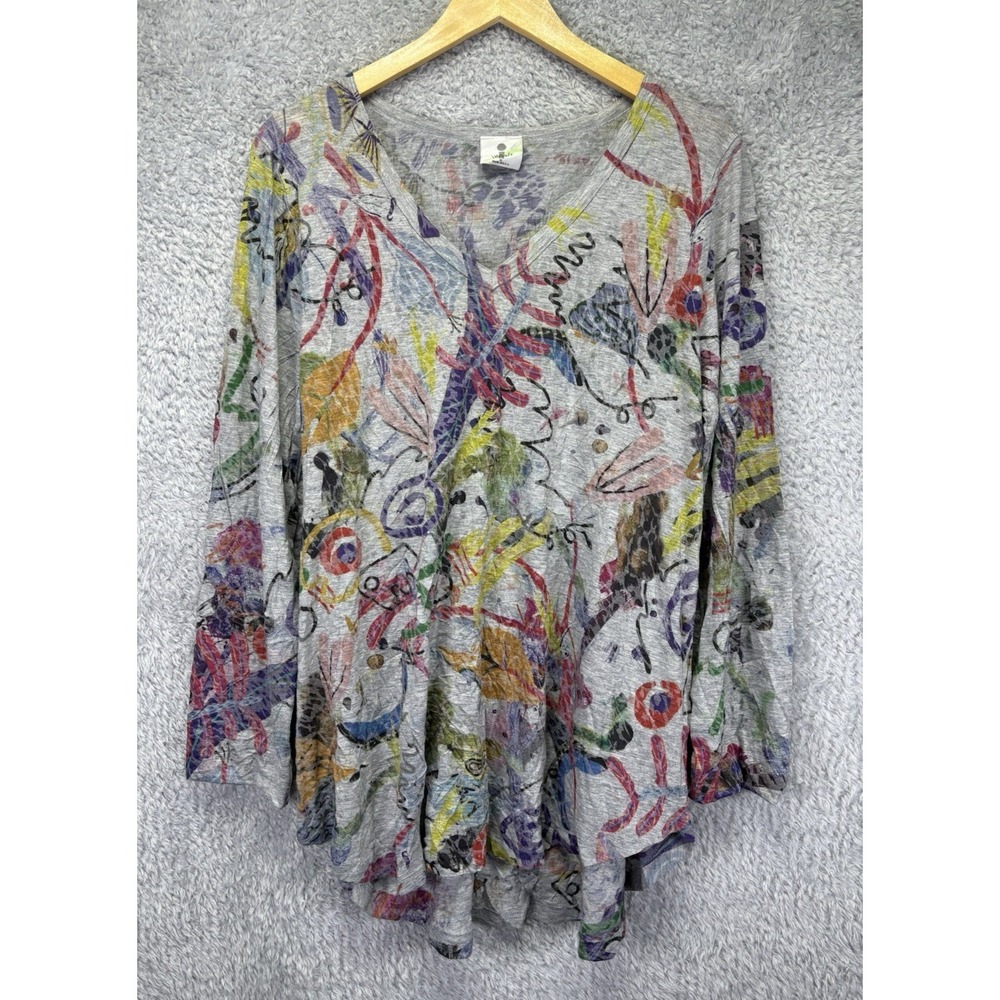Inoah Art Print Tunic Top Women XL V-Neck Crinkle Stretch Knit Arty Long Sleeve